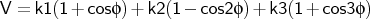 $V = k1 (1 + cos \phi ) + k2 (1 - cos 2\phi ) + k3 (1 + cos 3\phi )$