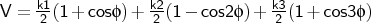 $V = \frac{k1}{2} (1 + cos \phi ) + \frac{k2}{2} (1 - cos 2\phi ) + \frac{k3}{2} (1 + cos 3\phi )$